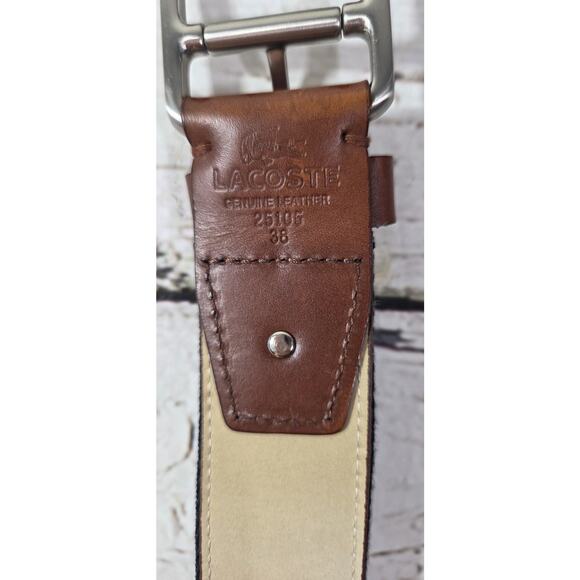 Lacoste Men's Leather And Blue Striped Canvas Belt Sz 38 - Picture 1 of 6
